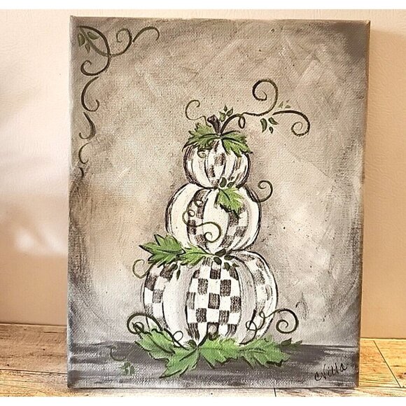 Original Canvas Painting Checkered Pumpkin Stack Black White 8x10 Signed - Picture 1 of 9